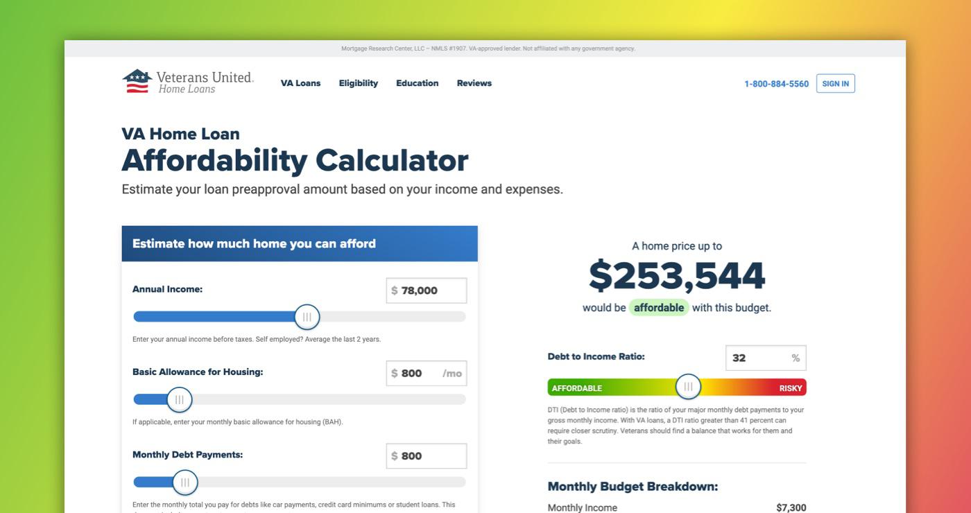 Affordability calculator screenshot